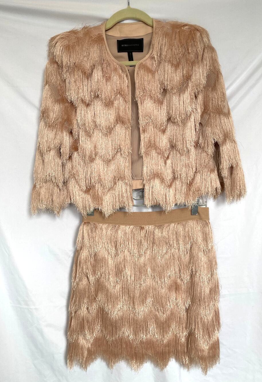 BCBG MaxAzria Jaxon Fringe Pink Blush Jacket Top & Modie Skirt Party Set, Small
